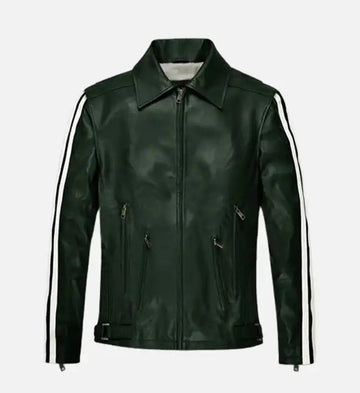 Men’s Sheepskin Vintage Green Biker Leather Jacket – with White Stripes & Quilted Waist Design