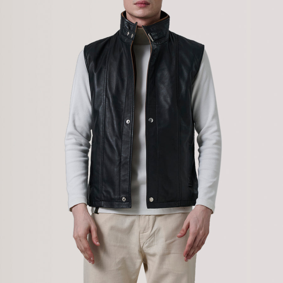 Men’s Semi-Aniline Sheepskin Leather Vest – Band Collar with Buckle