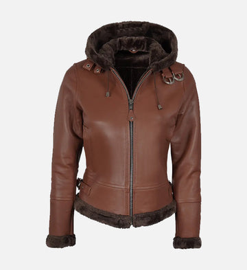 Women’s Brown Sheepskin Shearling Leather Jacket with Hood