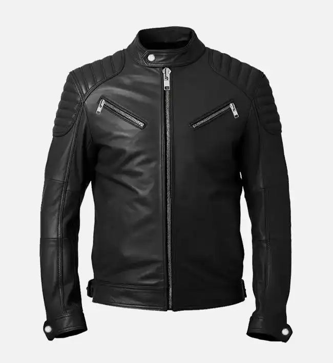 Men’s Black Café Racer Leather Jacket – Genuine Sheepskin