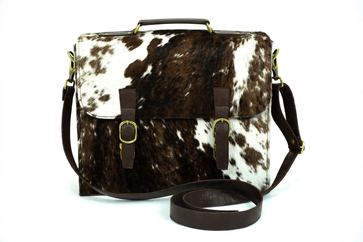 Cowhide Leather Office Bag|Real Hair on Cowhide Leather File Bag|Vintage Style Shoulder Bag with Brass Buckles| Natural Cow Skin Laptop Bag | OB2
