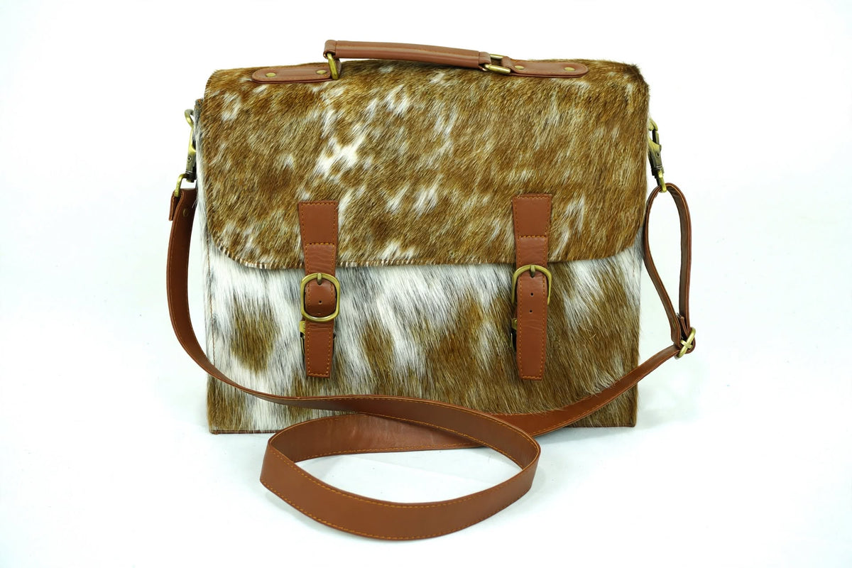 Cowhide Leather Office Bag|Real Hair on Cowhide Leather File Bag|Vintage Style Shoulder Bag with Brass Buckles| Natural Cow Skin Laptop Bag | OB2