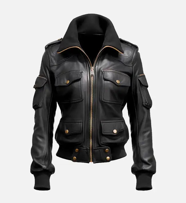 Women’s Sheepskin Leather Jacket – Black with Studded Details & Rib-Knitted Accents
