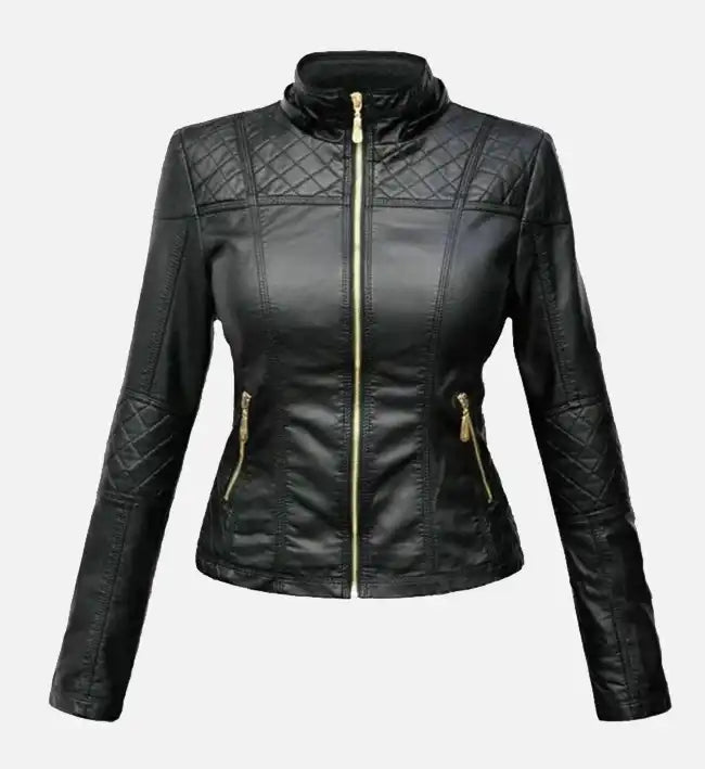 Women’s Sheepskin Leather Biker Jacket – Black with Golden Zipper Detailing