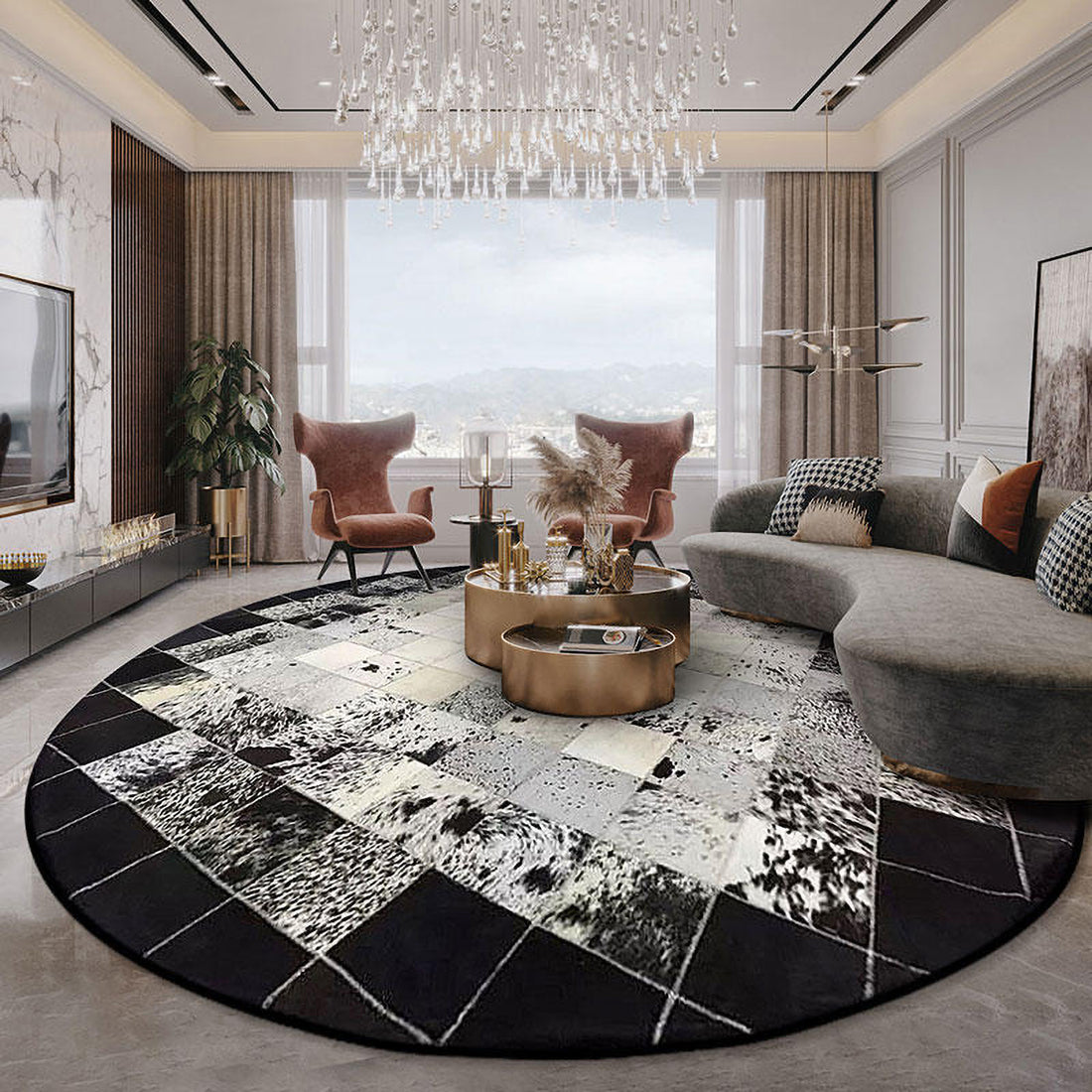 Luxury Handmade Hair-On Cowhide Patchwork Round Carpet