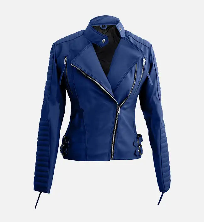 Women’s Blue Sheepskin Leather Jacket – Quilted Moto Style with Waist Belt