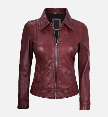 Women’s Sheepskin Leather Jacket – Maroon with Shirt-Style Collar
