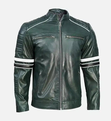 Men’s Sheepskin Leather Jacket – Dark Green with Quilted Shoulder Straps