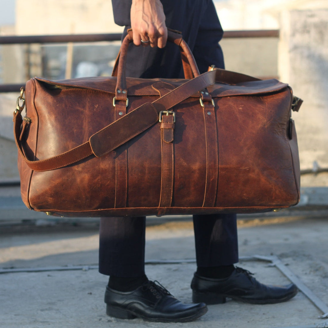 Handcrafted Buffalo Leather Weekender Bag– Carry-On Travel Duffle