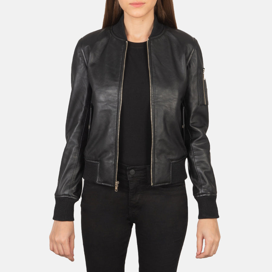 Genuine Sheepskin Leather Bomber Jacket For Women