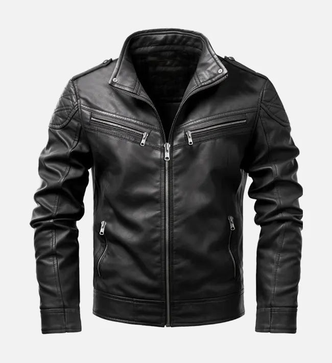 Men’s Sheepskin Leather Biker Jacket – Black with Quilted Shoulders
