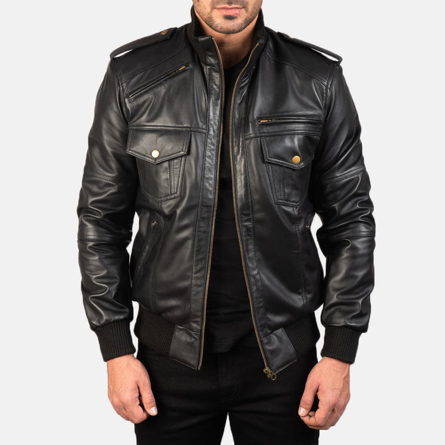 Men’s Sheepskin Leather Jacket with High-Neck Collar & Shoulder Epaulettes