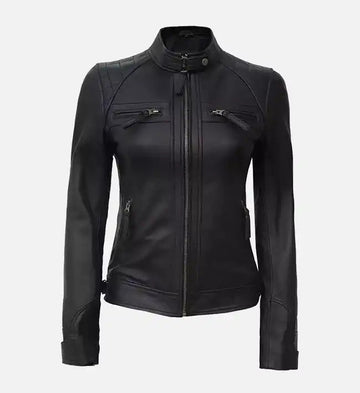 Women’s Sheepskin Black Quilted Café Racer Leather Jacket