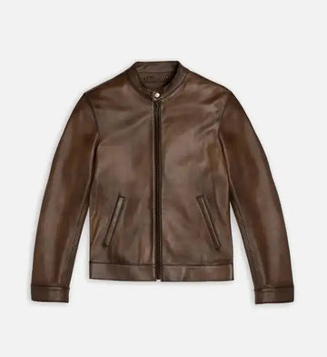 Genuine Sheepskin Leather Biker Jacket – Brown & Tan Brown with Streamlined Pattern Detailing