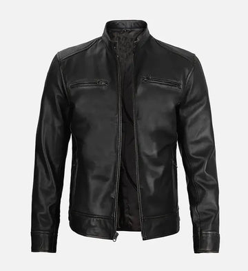 Men’s Sheepskin Leather Jacket – Black with Padded Shoulders and Streamlined Back