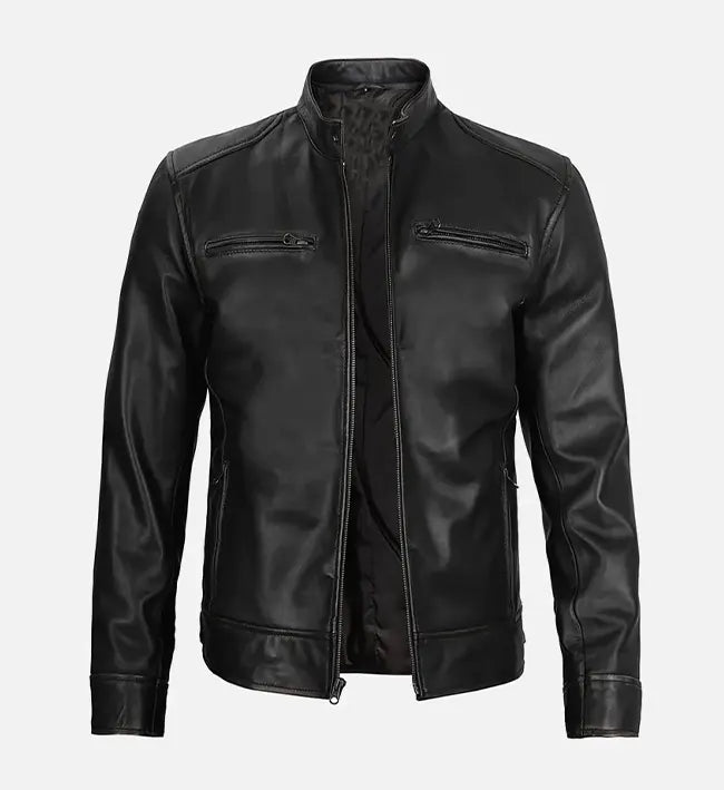 Men’s Sheepskin Leather Jacket – Black with Padded Shoulders and Streamlined Back
