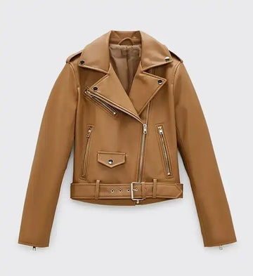 Women’s Sheepskin Leather Moto Jacket – Tan Brown with Asymmetrical Zipper