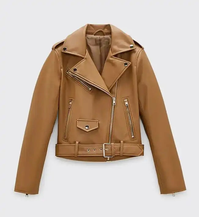 Women’s Sheepskin Leather Moto Jacket – Tan Brown with Asymmetrical Zipper