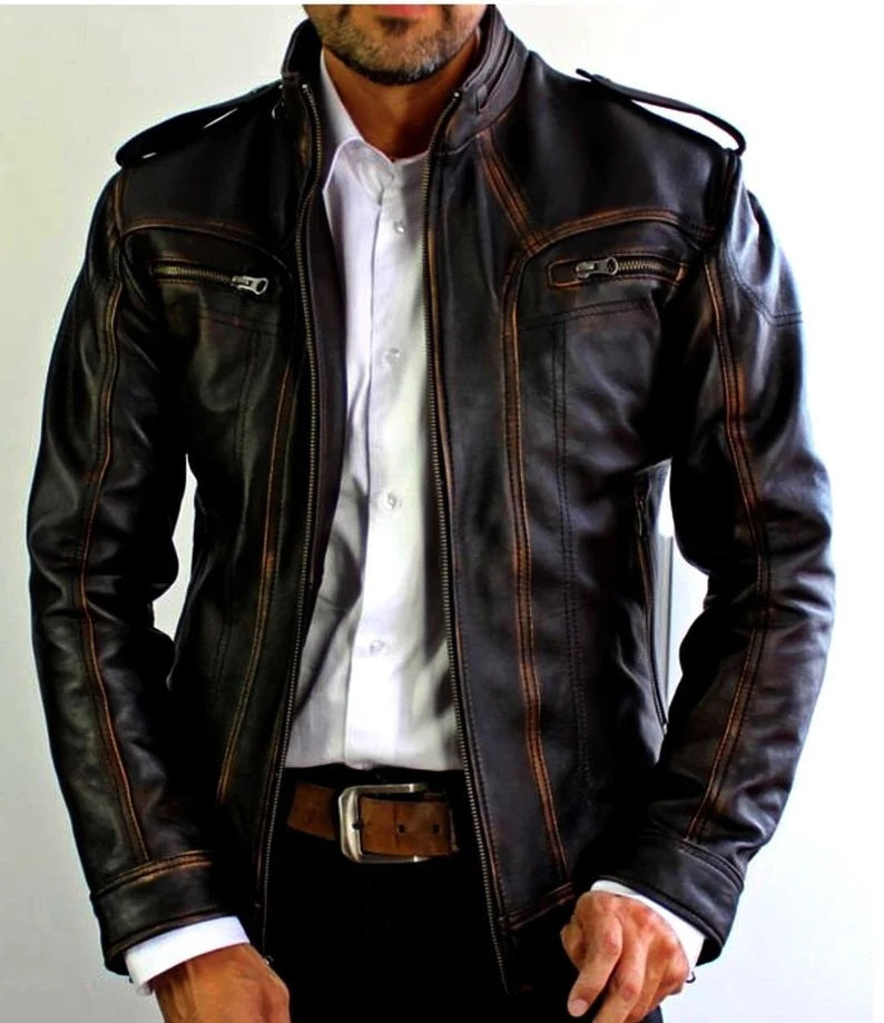 Distressed Leather Jacket Men - Genuine Leather Jacket Moto Biker Style for all occasions