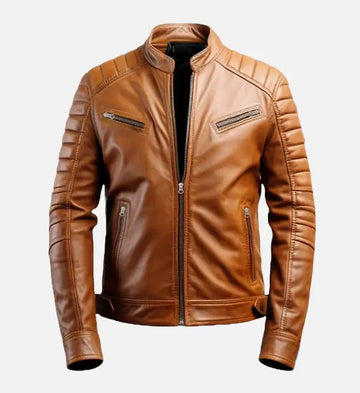 Men’s Sheepskin Tan Brown Leather Café Racer Jacket