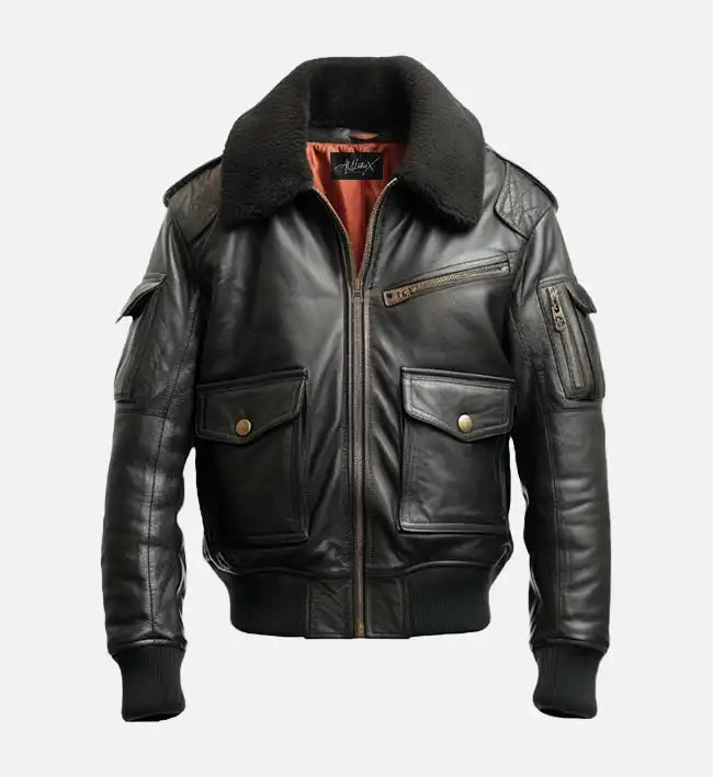 Men’s Aviator Sheepskin Leather Jacket – Black with Shearling Collar