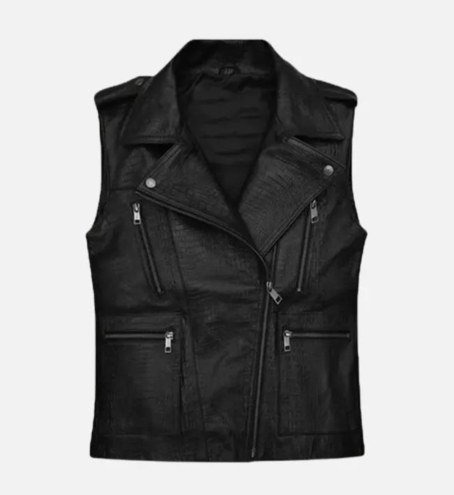 Men’s Black Croc-Embossed Sheepskin Leather Vest with Asymmetrical Zipper