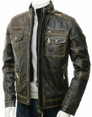 Distressed Leather Jacket Men - Genuine Leather Jacket Moto Biker Style for all occasions