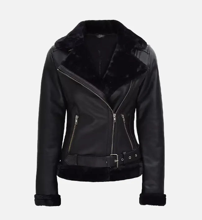 Women’s Sheepskin Leather Jacket – Black with Faux Shearling Details