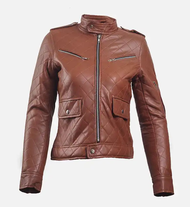 Women’s Sheepskin Leather Moto Jacket – Quilted Blue & Brown Design