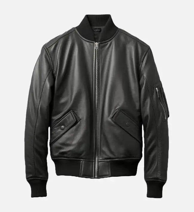 Men’s Sheepskin Leather Jacket – Black with Rib-Knitted Collar
