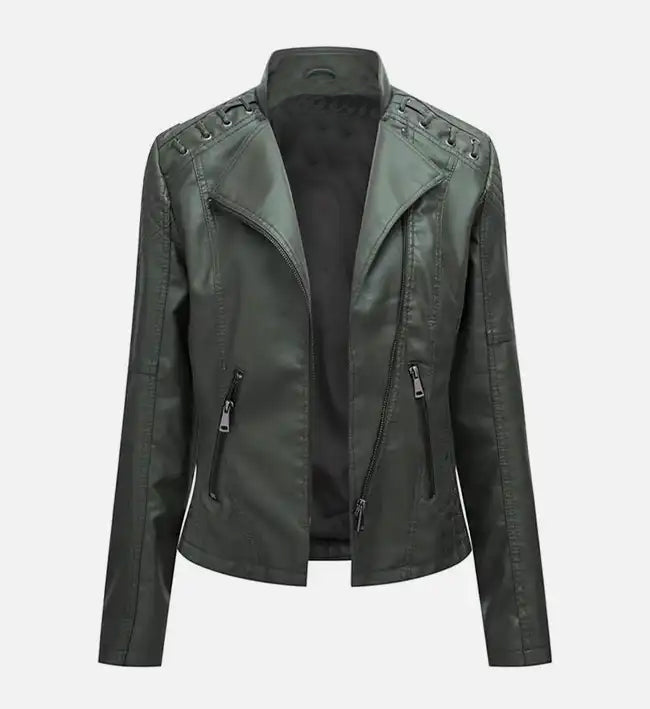 Women’s Sheepskin Army Green Leather Moto Jacket