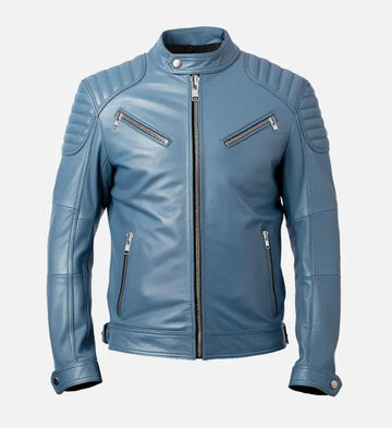 Men’s Real Sheepskin Leather Biker Jacket with Snap-Button Collar