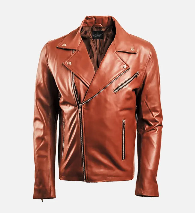Men’s Sheepskin Leather Biker Jacket – Brown with Asymmetrical Zipper