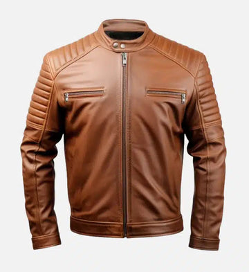 Men’s Sheepskin Leather Biker Jacket – Brown with Quilted Shoulder Detailing