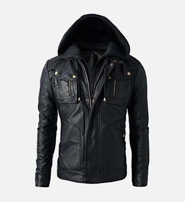 Men’s Sheepskin Detachable Hoodie Black Biker Leather Jacket