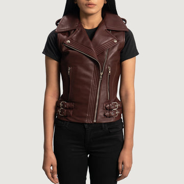 Women’s Maroon Sheepskin Leather Vest with Notch Collar & Zipper Closure