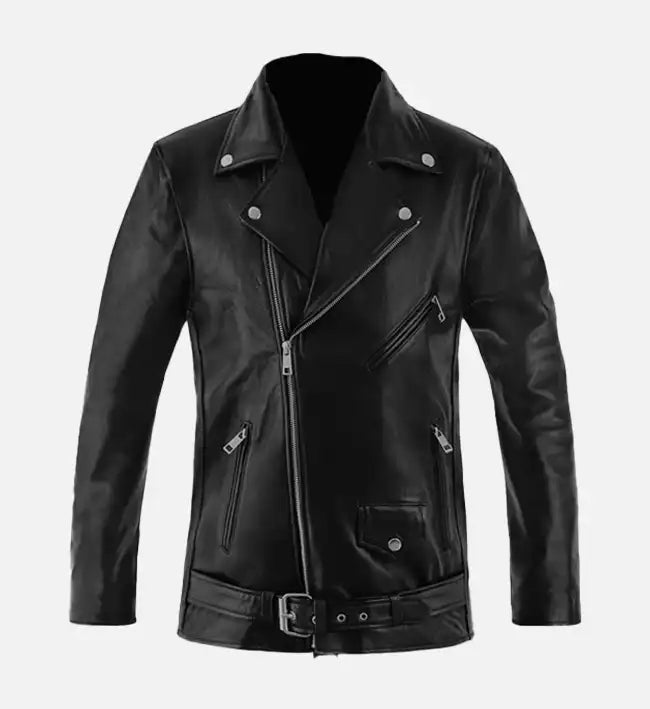 Men’s Black Sheepskin Leather Biker Jacket with Belted Waist