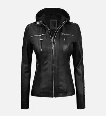 Women’s Sheepskin Leather Jacket – Black with Quilted Shoulders & Removable Hood