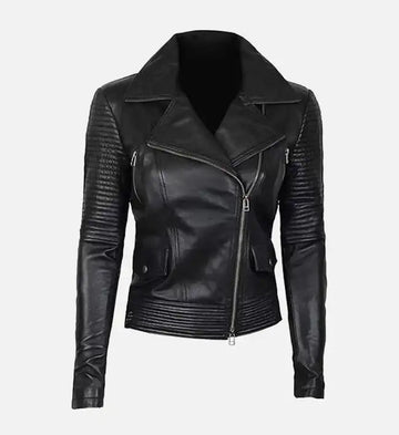 Women’s Black Sheepskin Leather Biker Jacket – Asymmetrical Style
