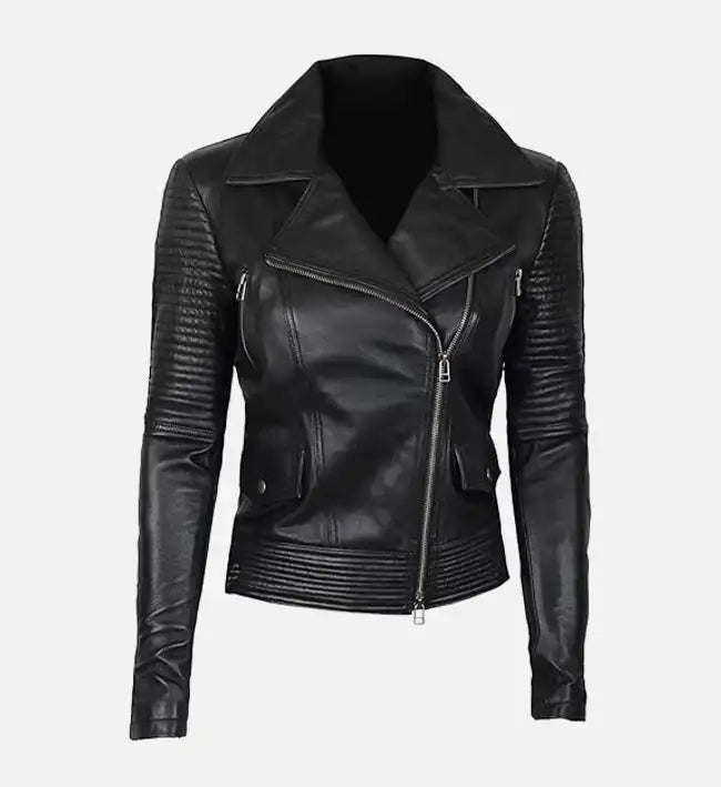 Women’s Black Sheepskin Leather Biker Jacket – Asymmetrical Style