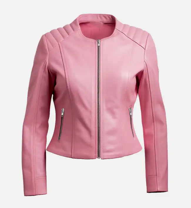 Women’s Pink Sheepskin Leather Biker Jacket – Cropped Fit with Quilted Shoulders