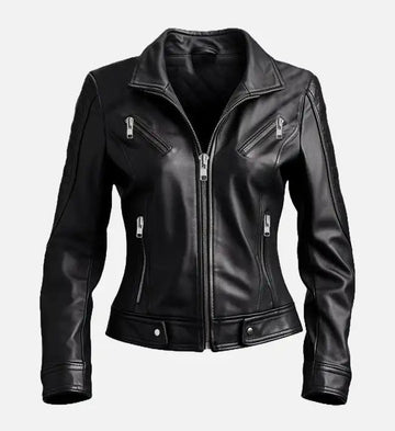 Women’s Black Sheepskin Leather Biker Jacket – Quilted Sleeves & Belted Waist