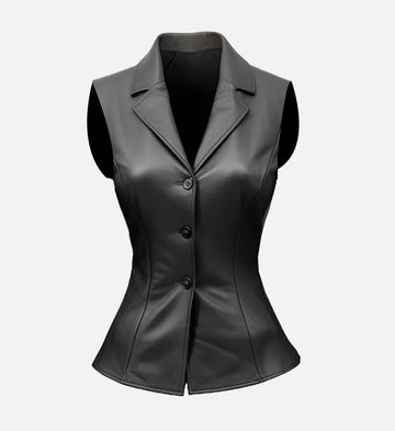 Women’s Black Sheepskin Leather Vest with Fitted Silhouette & Notched Lapel