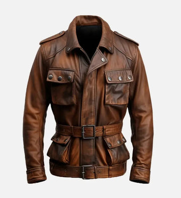 Men’s Military-Style Sheepskin Leather Jacket – Vintage Brown