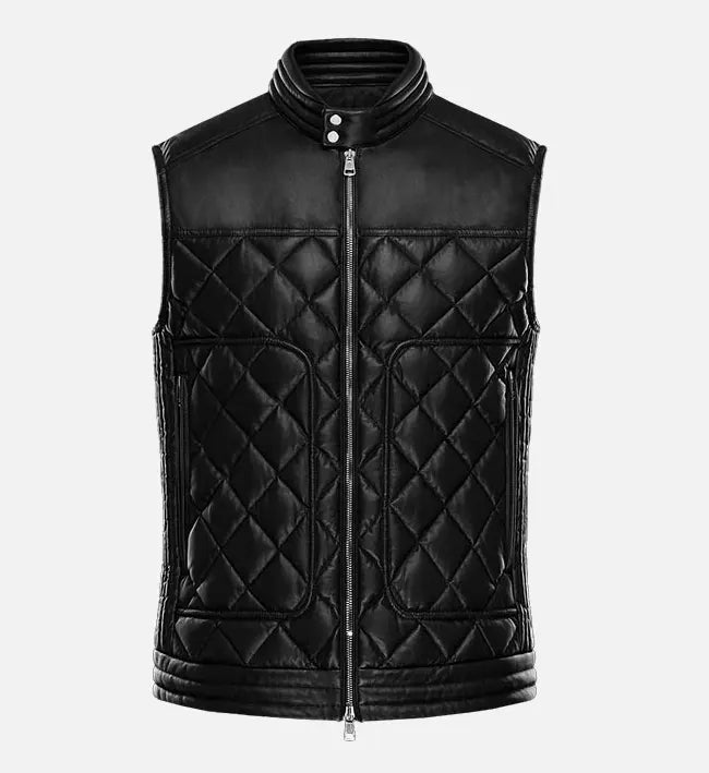 Men’s Black Sheepskin Leather Vest with Quilted Design & Stand-Up Collar