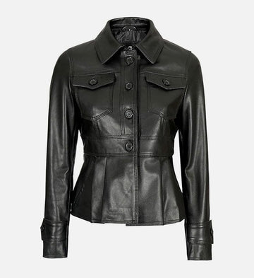 Women’s Sheepskin Leather Jacket – Black Motorcycle-Style with Fitted Waist