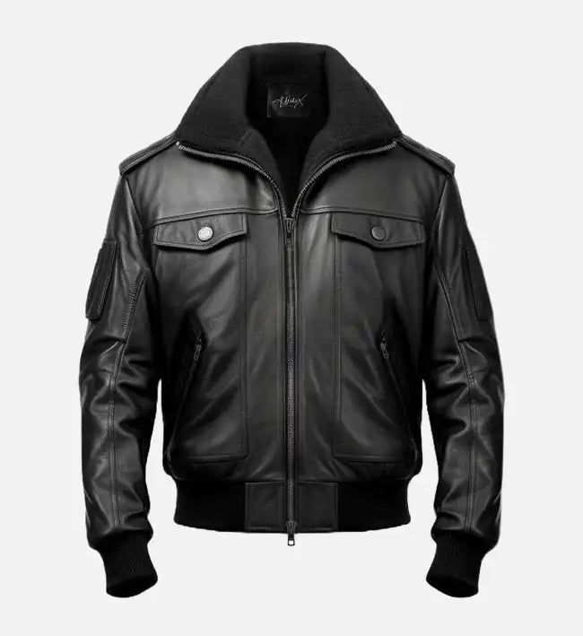 Men’s Sheepskin Aviator Black Leather Bomber Jacket