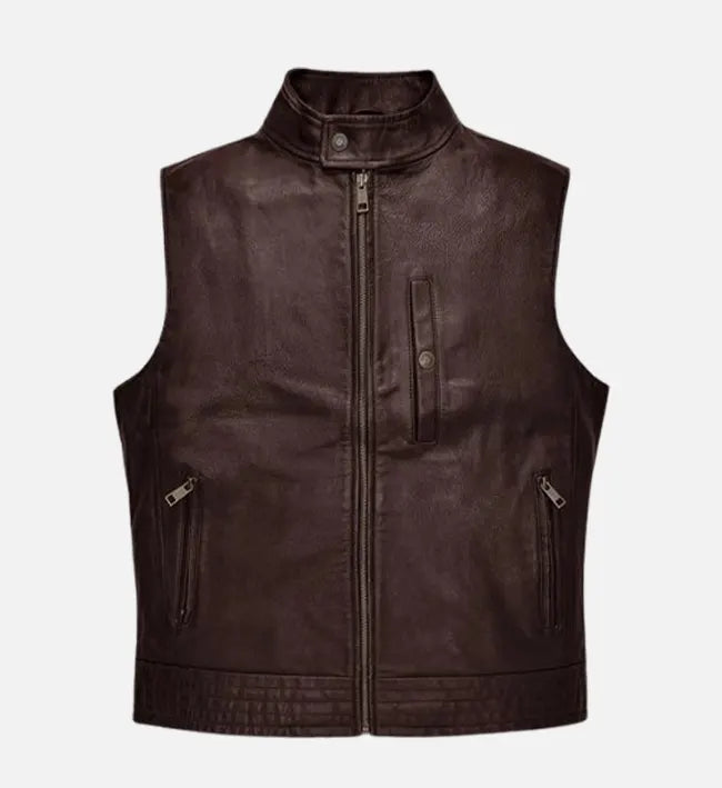 Men’s Sheepskin Leather Vest – Brown with Stand-Up Button Collar