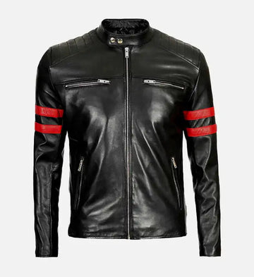 Men’s Sheepskin Red Stripes Black Biker Leather Jacket