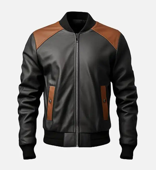 Men’s Color-Blocked Black & Brown Sheepskin Leather Jacket